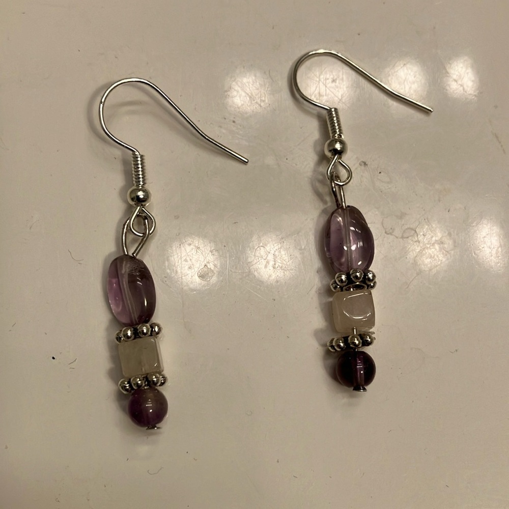 Amethyst and Rose quartz with silver accents earrings.